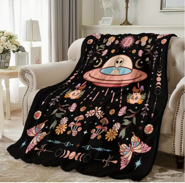 Alien Element Cartoon Watercolor Style Printed Flannel Blanket with Quilting and Digital Print Soft and Warm, All-Season Blanket