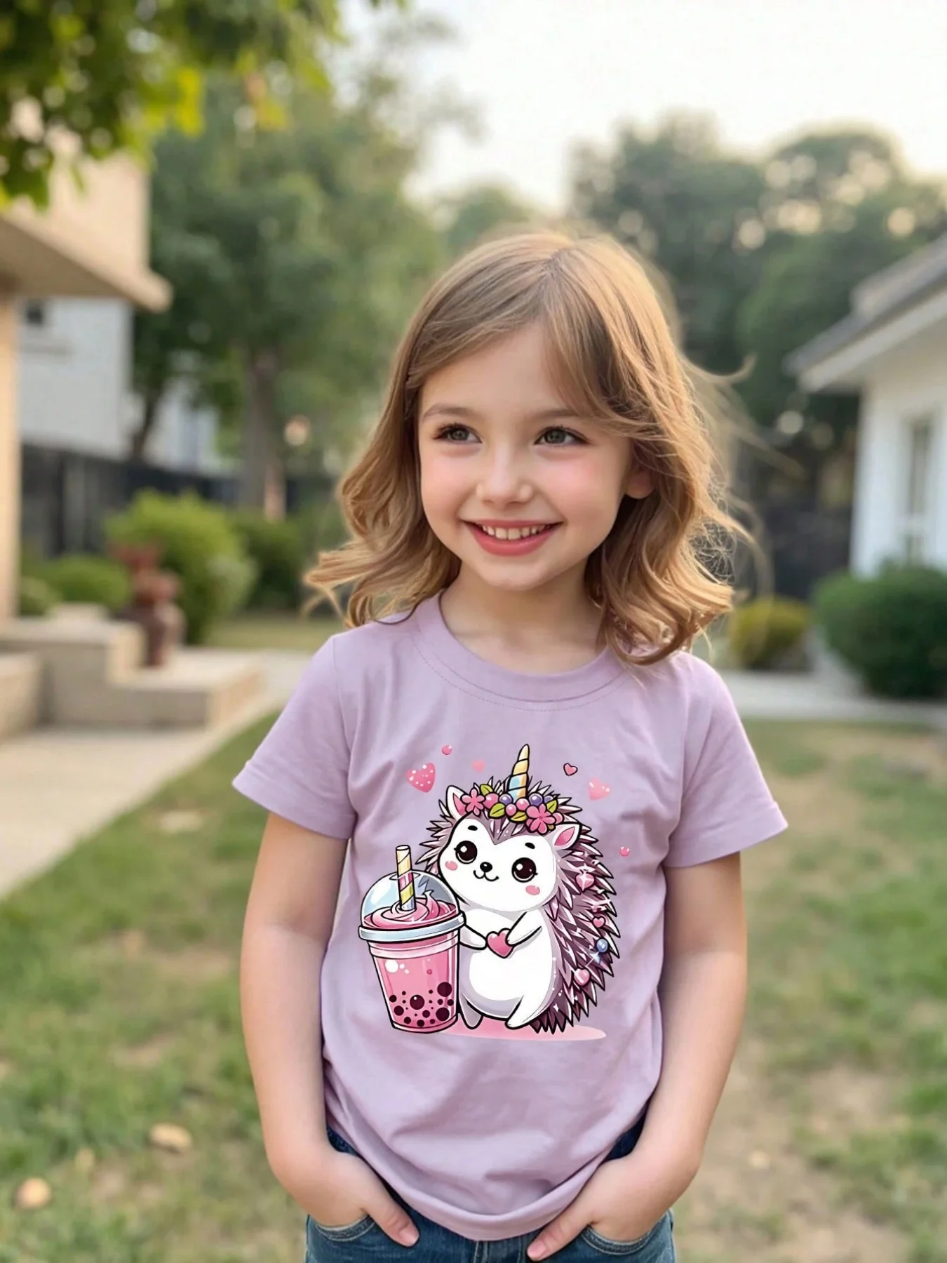 

Футболка с круглым вырезом и короткими рукавами с принтом «Чай с молоком и ежиком» для молодых девушек, весенне-летняя повседневная футболка для молодых девушек