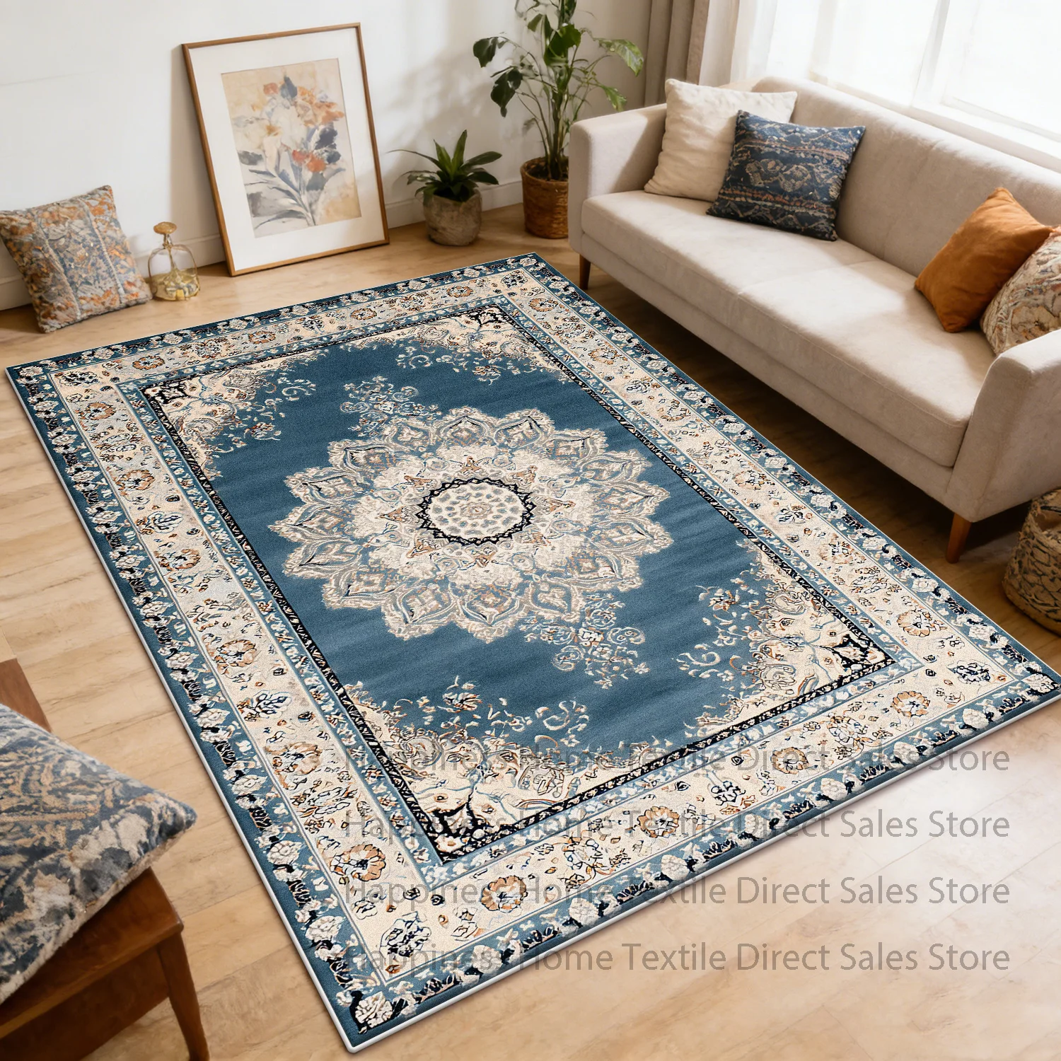 Persian Retro Blue Style Living Room Sofa Carpet Decoration Home Washable Antiskid Dining Room Rug Soft Plush Bedroom Floor Mats