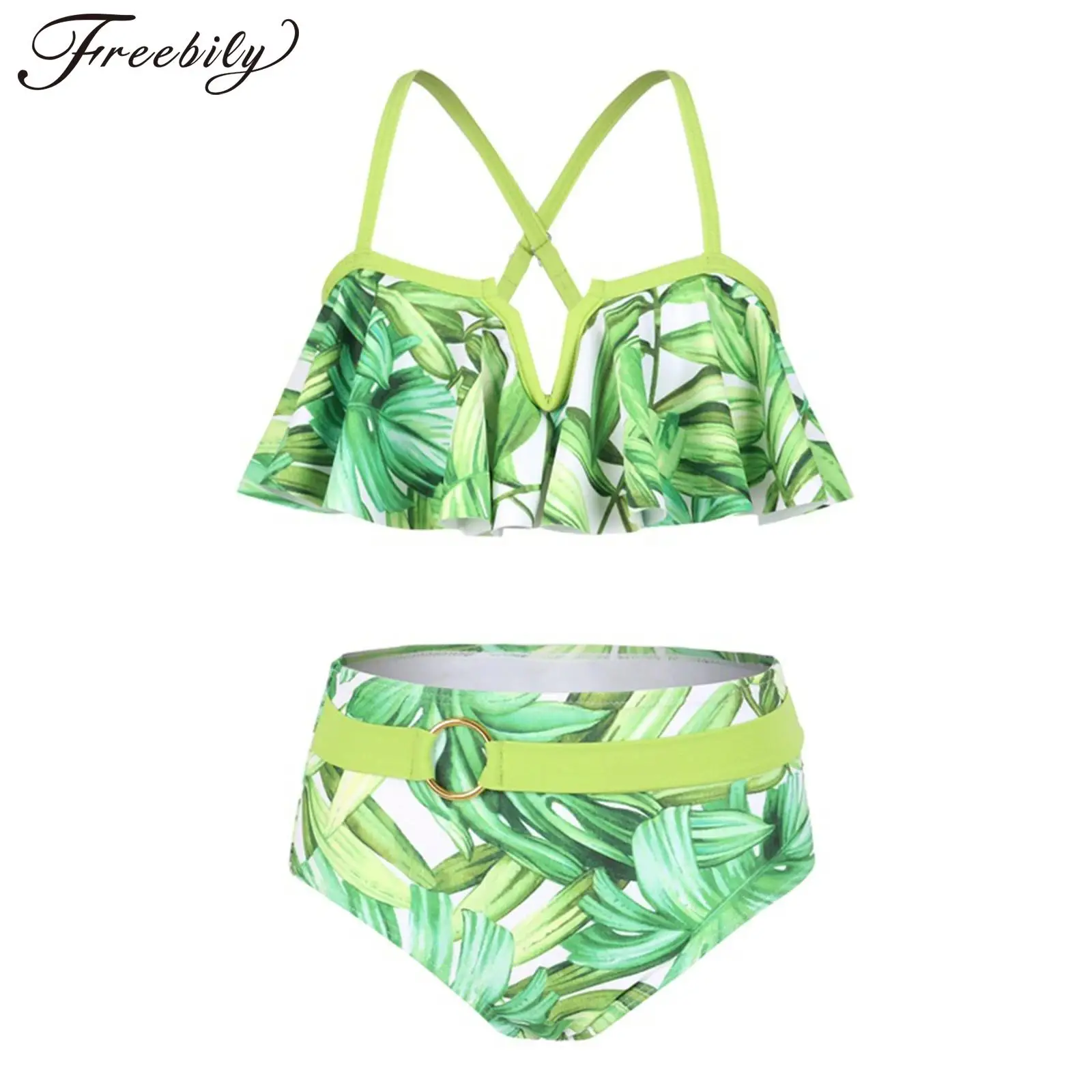 

Kids Girls Swimsuit Bikini Set Cross Straps Flounce Swimwear Bathing Suit Summer Floral Pool Beachwear Water Sport Swimsuit