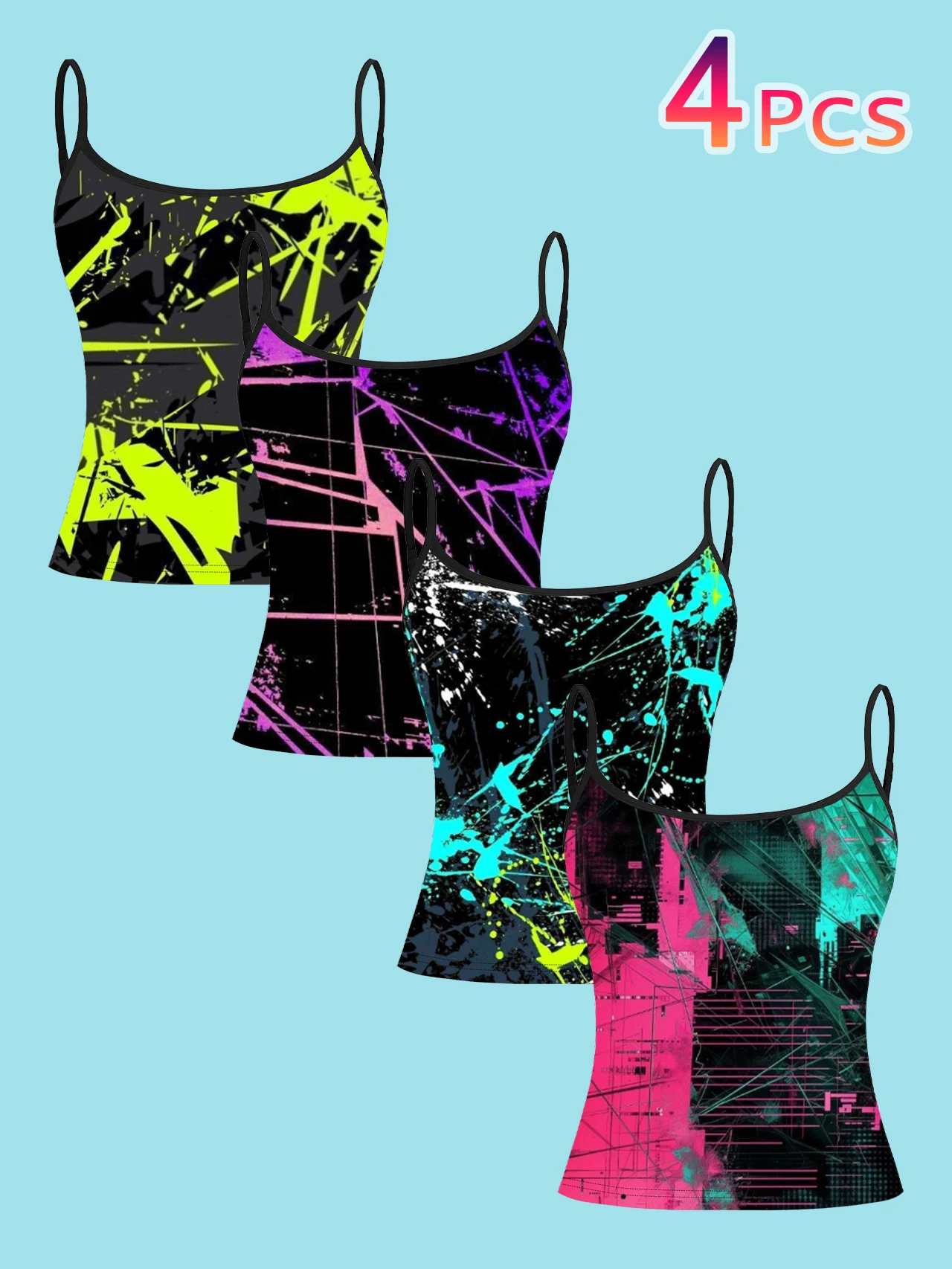 4-Piece Set of Cyberpunk Ink-Splattered Graffiti Women's Camisoles, Color-Blocking Fluorescent Lines Abstract Art Print Slim-Fit Spaghetti Strap Short Camisole Tops