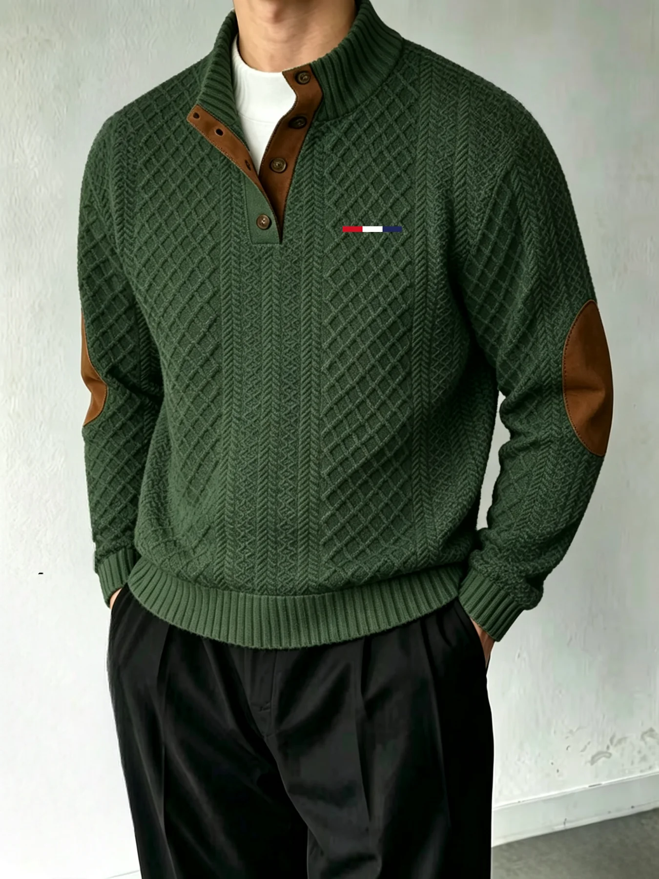 Herren Strickpullover mit Stehkragen, halber Knopfleiste, Ärmelbündchen und strukturierter Oberfläche, Herbst-Winter Freizeitpullover – Detail 2