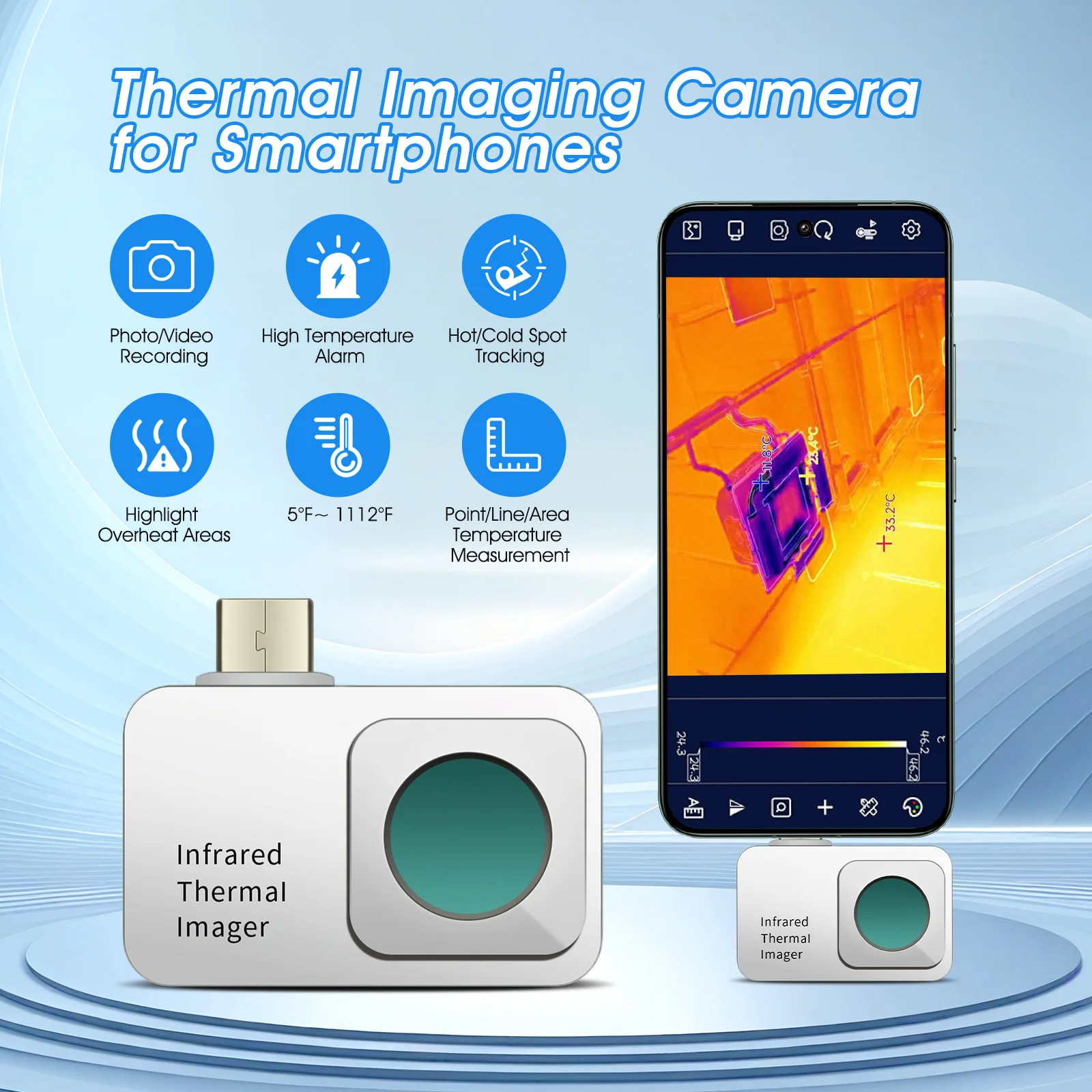 Phone Thermal Camera High Resolution Thermal Detector with 3.2mm Lens Plug & Play Infrared Temperature Measurement for Android