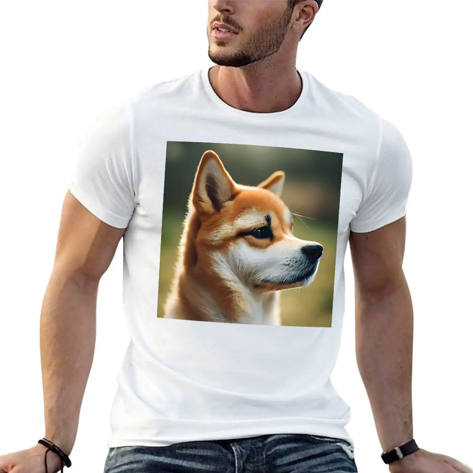 Camiseta de manga corta con estampado fotorealista de Shiba Inu en perfil lateral, color marrón y blanco, para trabajo.