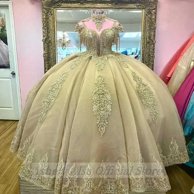 Princesa frisada Vestidos Quinceanera, alta Neck Crystal Ball Gown, Prom Birthday Party, Imagem Real, Arábia Saudita, 15, 16