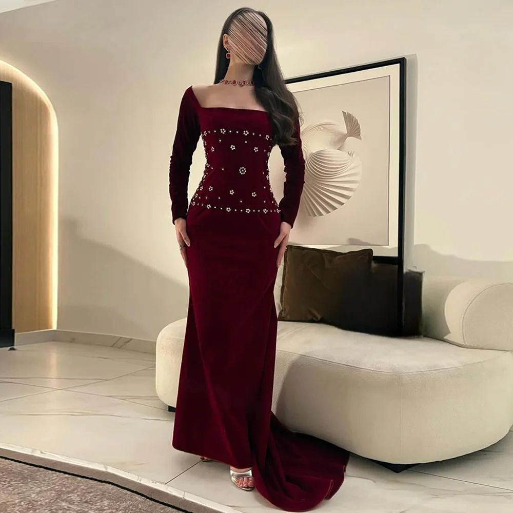 

Русалка бордовое вечернее платье из джерси по индивидуальному заказу с квадратным воротником и длинными рукавами, платья для выпускного вечера, вечерние платья с хрустальным жемчугом