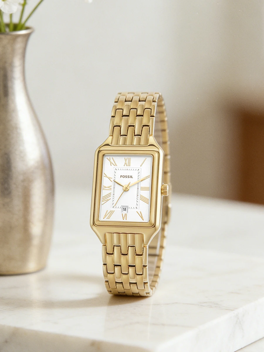 FOSSIL ES5220 Women Quartz Watch Gold Stainless Steel Bracelet White Square Roman Dial Date Classic Ladies Dress Wristwatch Gift