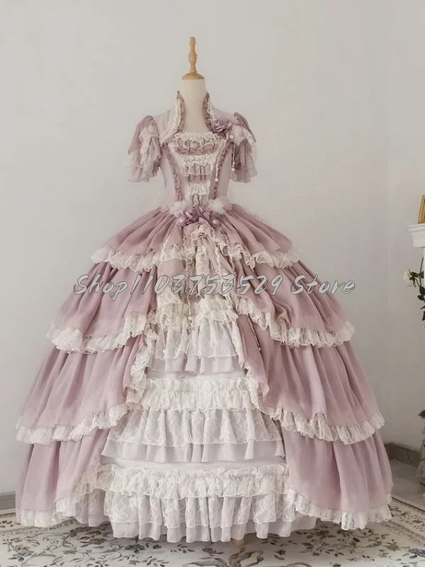 Delicate Pink Lolita Prom Dress Elegant Square Neck Lace Short Sleeve Bodice Tier Ruffled Beaded Tassel Victorian Evening Dress