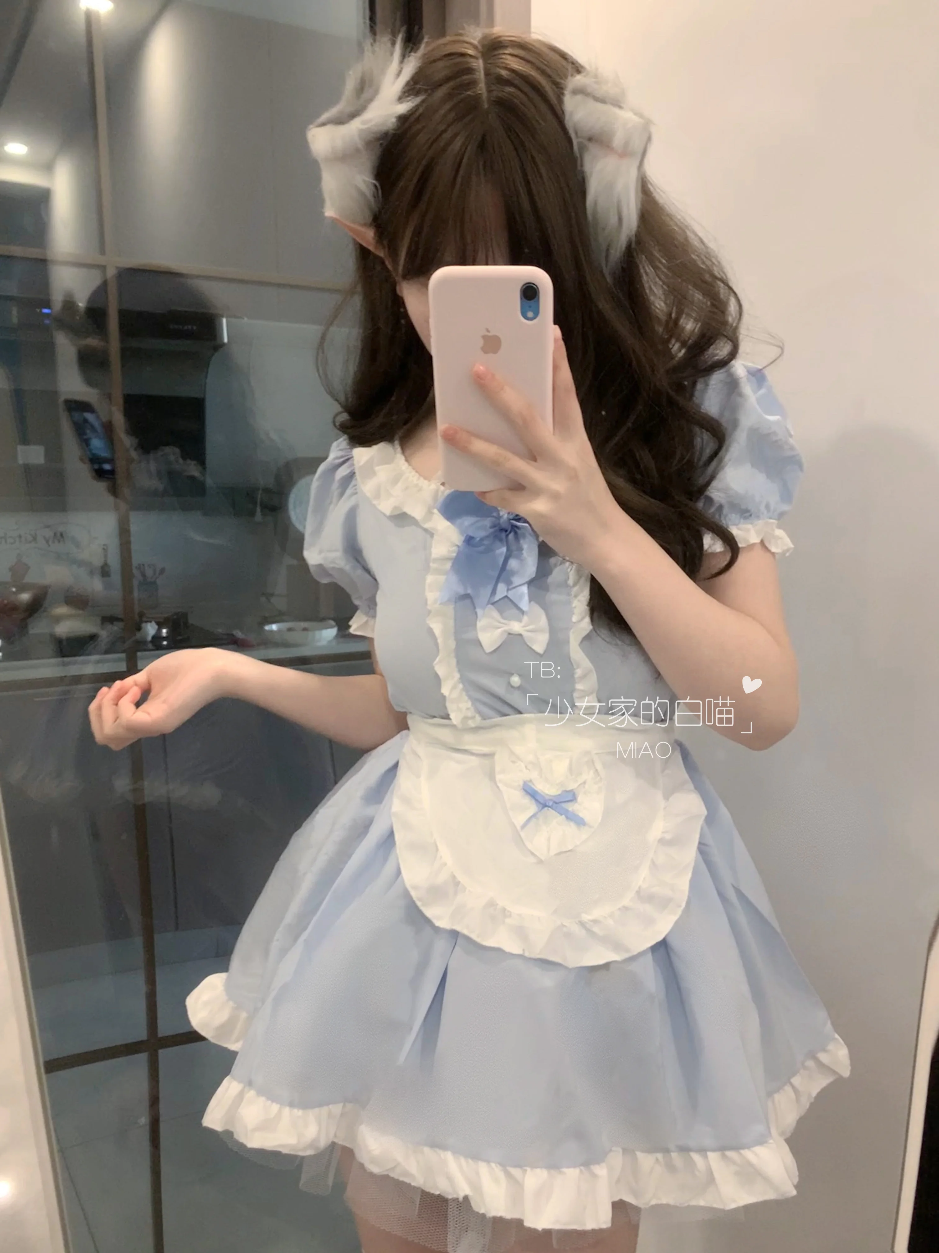 Roze Franse Meid Cos Schattige Meid Zacht Meisje Cosplay Kleding Lolita Jurk Pak Anime Diffuse Rollenspel + Schort + Kattenoorkostuum