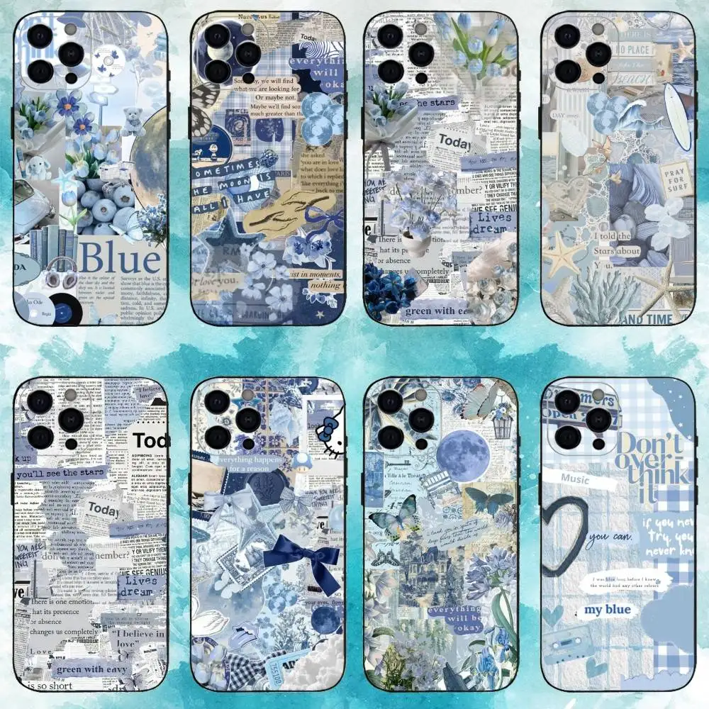 

B-Blue aesthetic Phone Case For iPhone 17,16,15,14,13,12,11 Plus,Pro Max,XS,Soft Silicone Black Cover