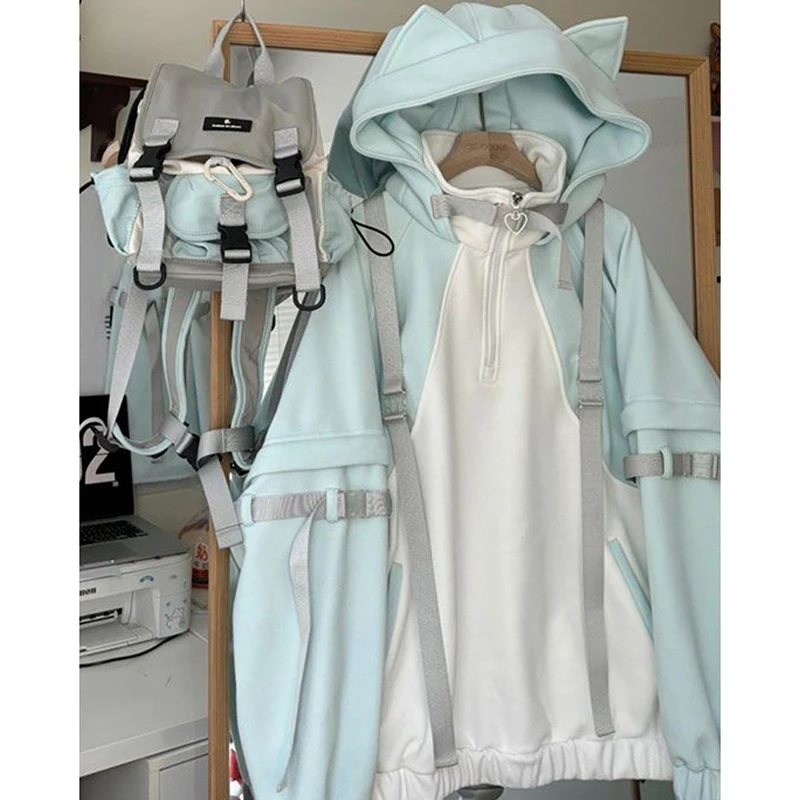 Damska bluza z kapturem Anime Lolita, patchworkowa, subkulturowa, słodka streetwearowa, z długim rękawem, luźna, codzienna, z kocimi uszkami, odzież wierzchnia.