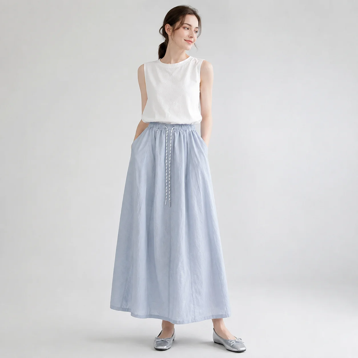 EOENKKY Women’s Lyocell Blend A-Line Maxi Skirt Summer Elastic High Waist Drawstring Long Skirt with Pockets Lining Back Slit