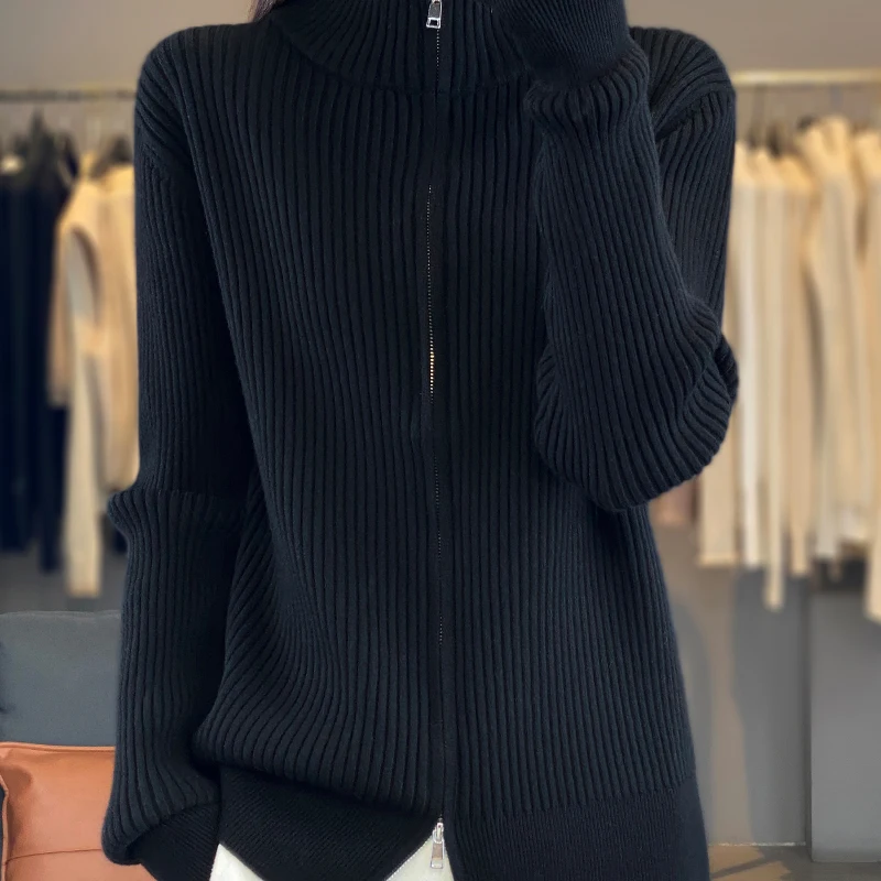 Winter Women Knitwear Cashmere Wool Cardigan Fashion Sweater High collar Long sleeves Double Zipper Style Warm Soft Basics Tops