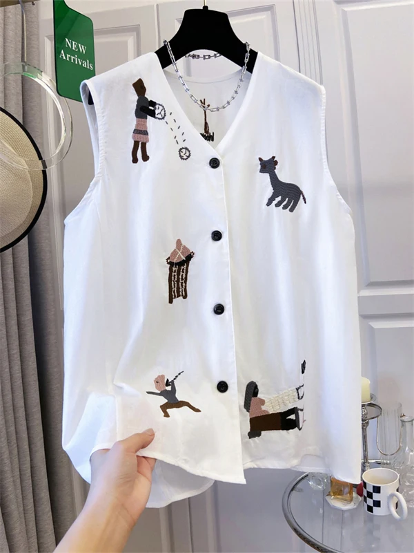 

Женский тонкий жилет с v-образным вырезом и вышивкой Svel, новый летний корейский свободный крой из смеси хлопка и полиэстера, приятный для кожи...