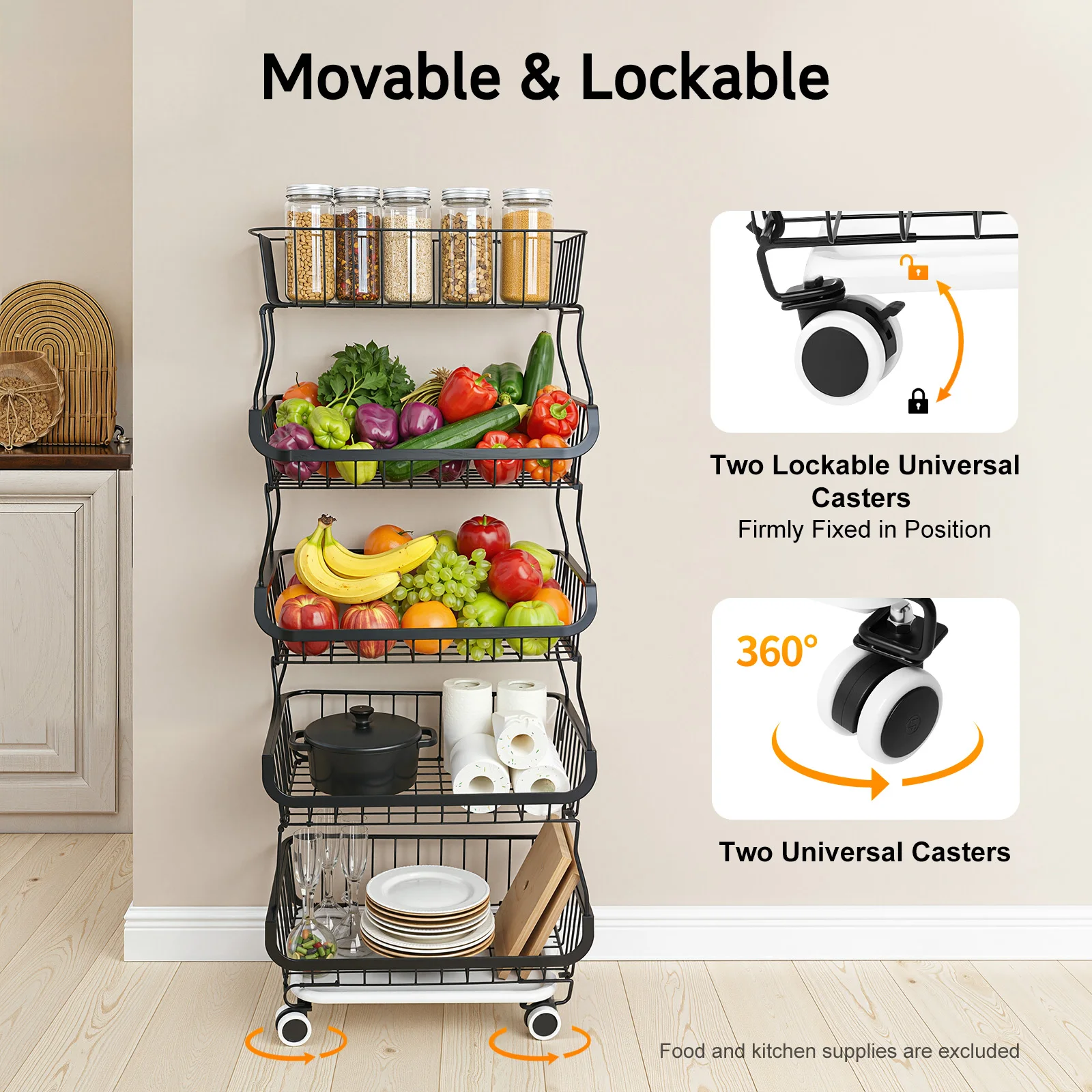 Étagère de rangement de cuisine à 5 niveaux avec roulettes, capacité de charge de 10 kg, panier de rangement pour fruits, légumes et assaisonnements pour l'organisation