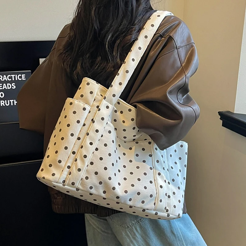 Koreanische Vintage Polka-Dot-Tragetasche für Frauen, Große Kapazität, Einzel-Schulter-Handtasche, Lässige Alltags-, Schul- und Pendler-Schultertasche – Detail 1