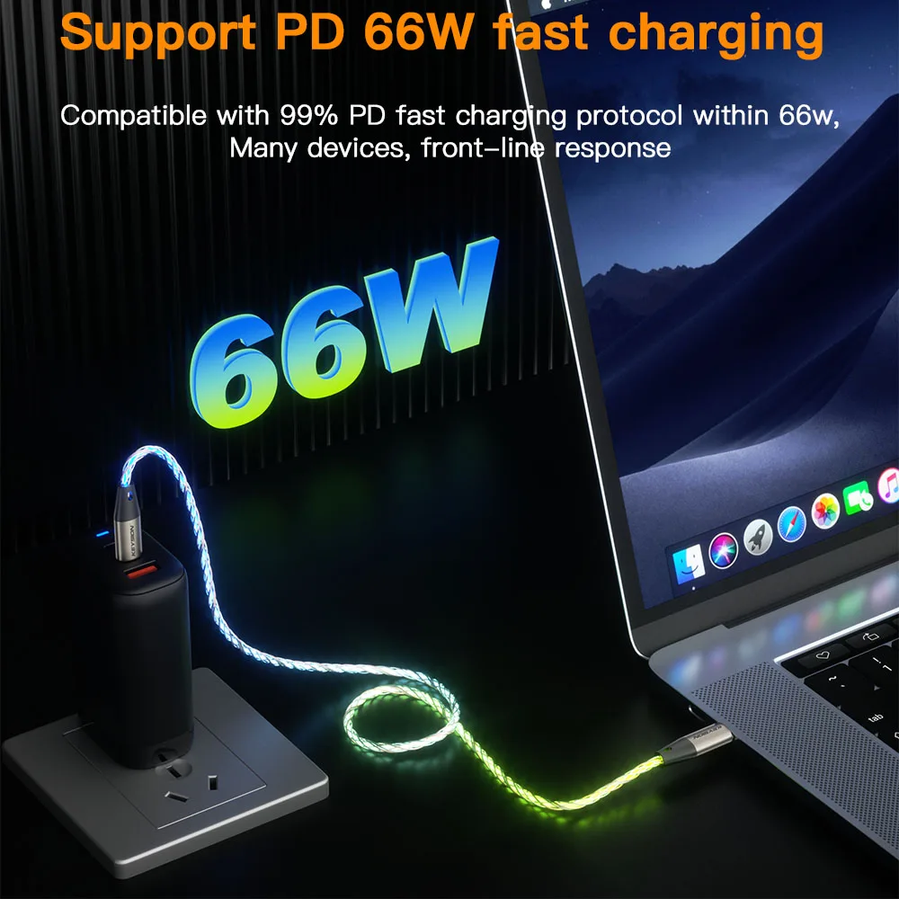 KEYSION PD 66W USB C-C Data Cable Colorful LED RGB Light Gradient Type-C Fast Charging Wire for iPhone 16 Samsung Huawei Xiaomi