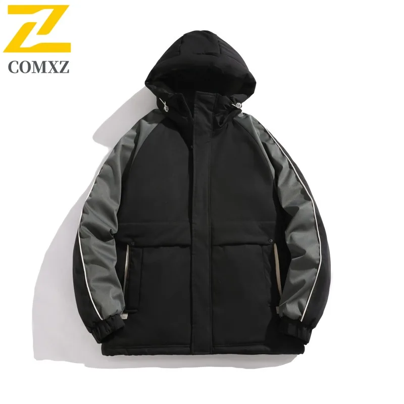 COMXZ Classic Down Jacket Hooded Splicing White Duck Down Windproof Coat Trendy Hiking Camping Lightweight Warm Winter Wear