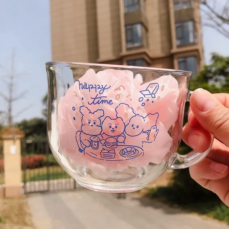 

Transparent Glass Cup Mug Printed Cartoon Cute Pattern Simple Cup for Coffee Breakfast Milk Water Multipurpose Drinking Glasses