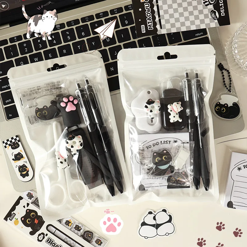 6PCS Cute Cat Stationery Set Kawaii Cat Paw Pencil Sharpener Eraser Gel Pen Scissors Page Clip Sticky Notes Gift for Students