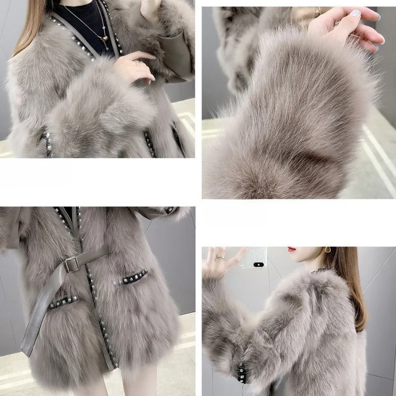 2023 Winter New Women Faux Fur Coat Thicken Warm Slim Fit Outwear Fashion Patchwork V-neck Jacket Mid Length Version Outcoat