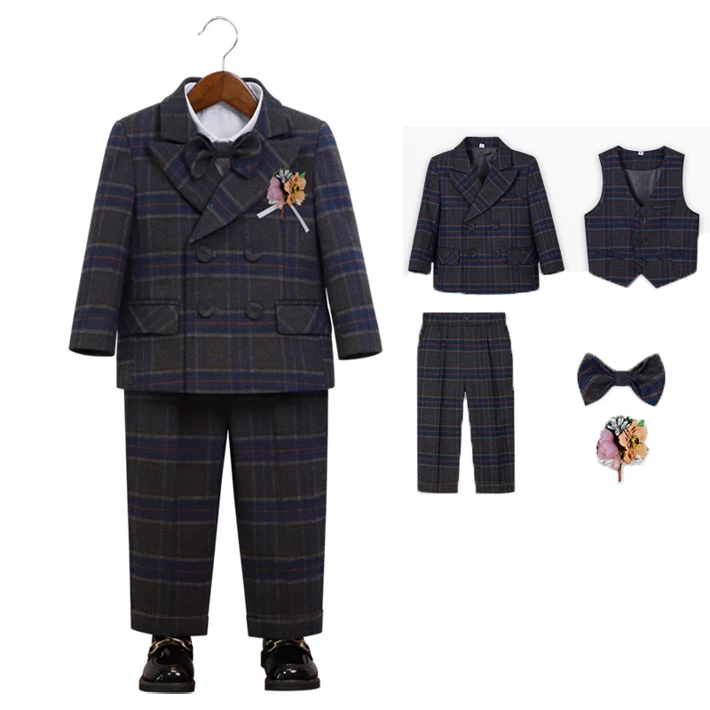 

Boys Autumn Plaid 5pcs Suit Child Birthday Party Photography Performance Costume Kids Blazer Vest Pants Bowtie Flower Outfit