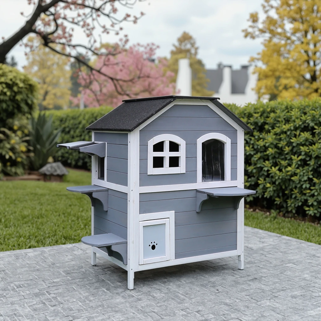 

Wooden Cat House Two-storey Cat House with Multiple Entrances