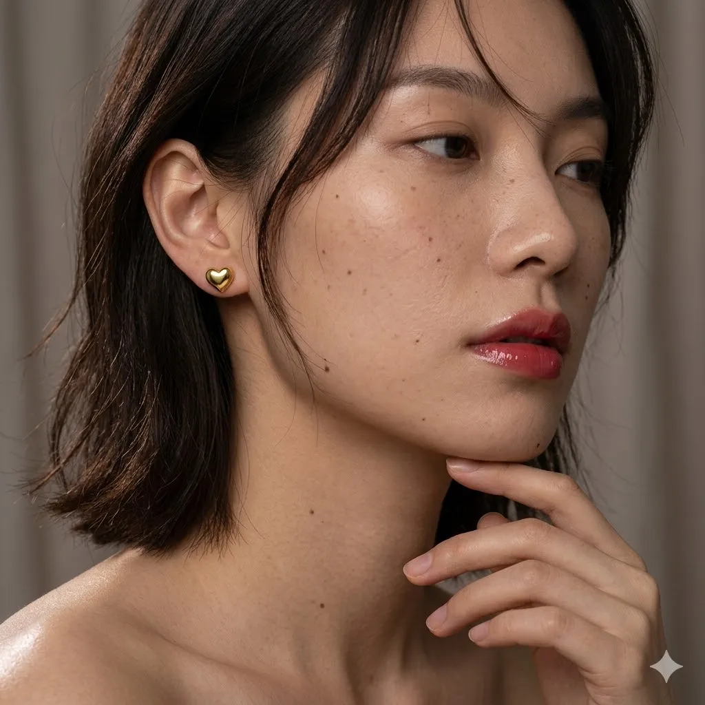 

St-Delan Cute Puffy Heart Stud Earrings Korean Style Women 14k Gold Plated Heart Stud Stainless Steel Drop Earring Jewelry