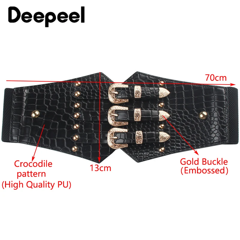 Deepeel 1pc 13*70cm New Fashion Women PU Metal Cummerbunds Rivet Elastic Decorative Corset Luxury Female Harness Waist Belt