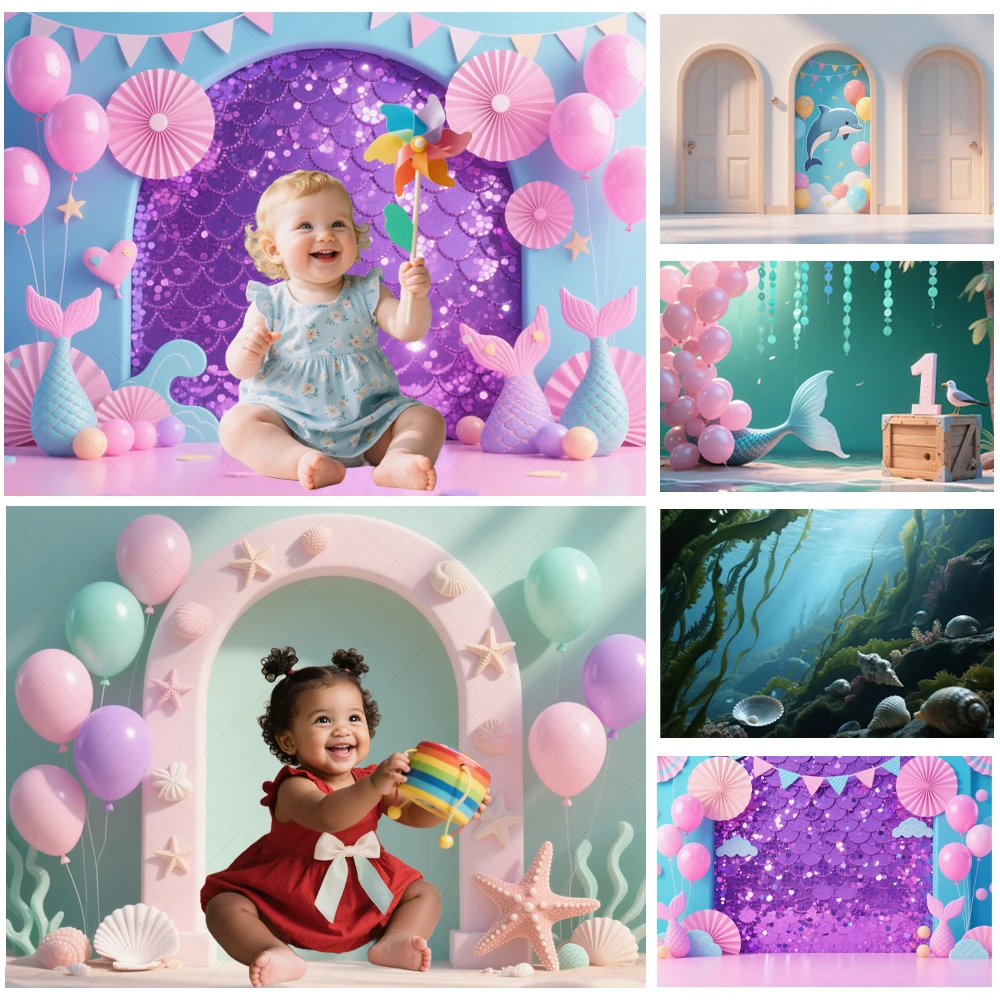

Baby Shower Photography Background Undersea World Shell Mermaid Starfish Balloon Arch Children's Photo Decoration Backdrop Props