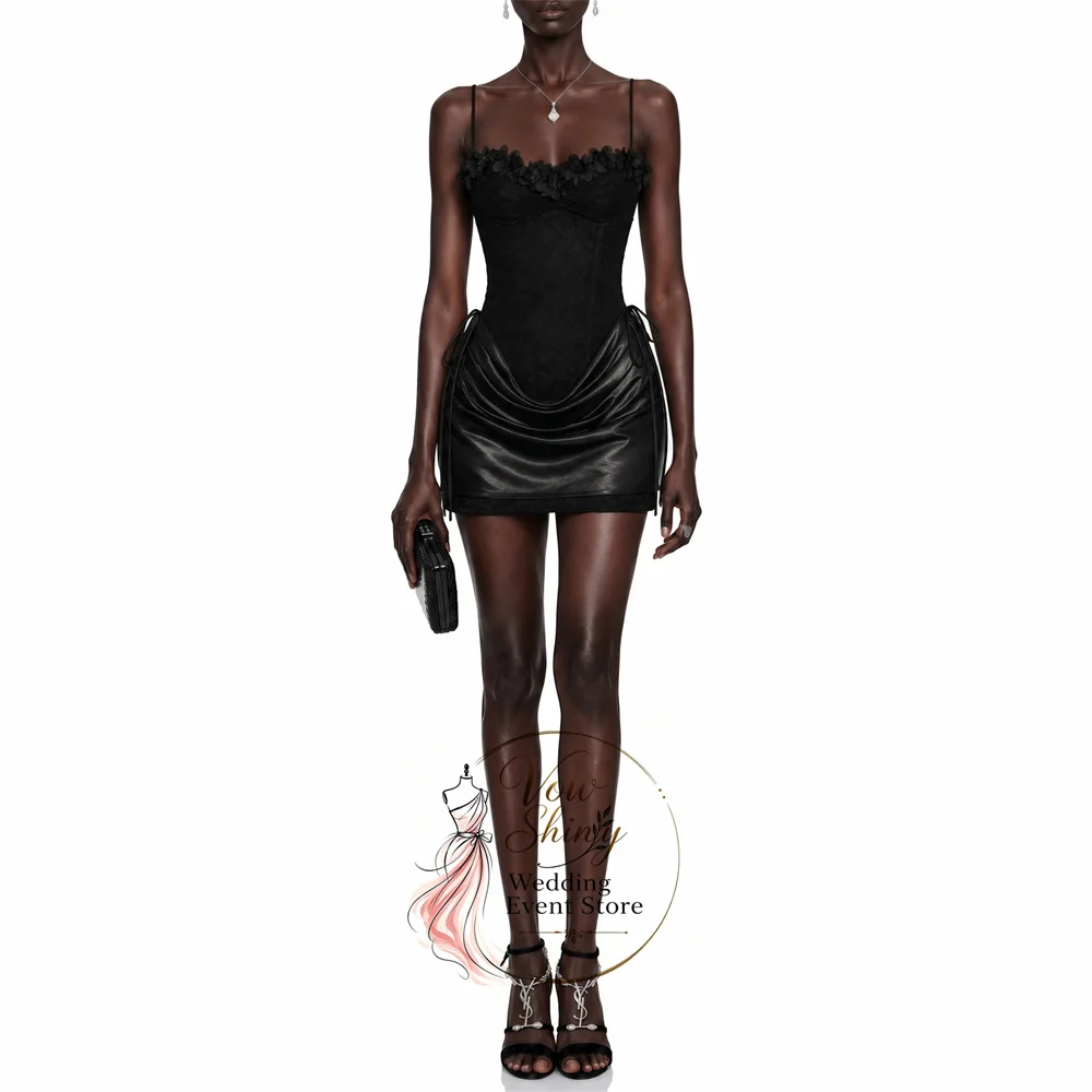 vow-shiny-black-applique-lace-mini-cocktail-dress-spaghetti-strap-pleat-leather-party-dress-customized-short-prom-gown-2026-﻿-﻿