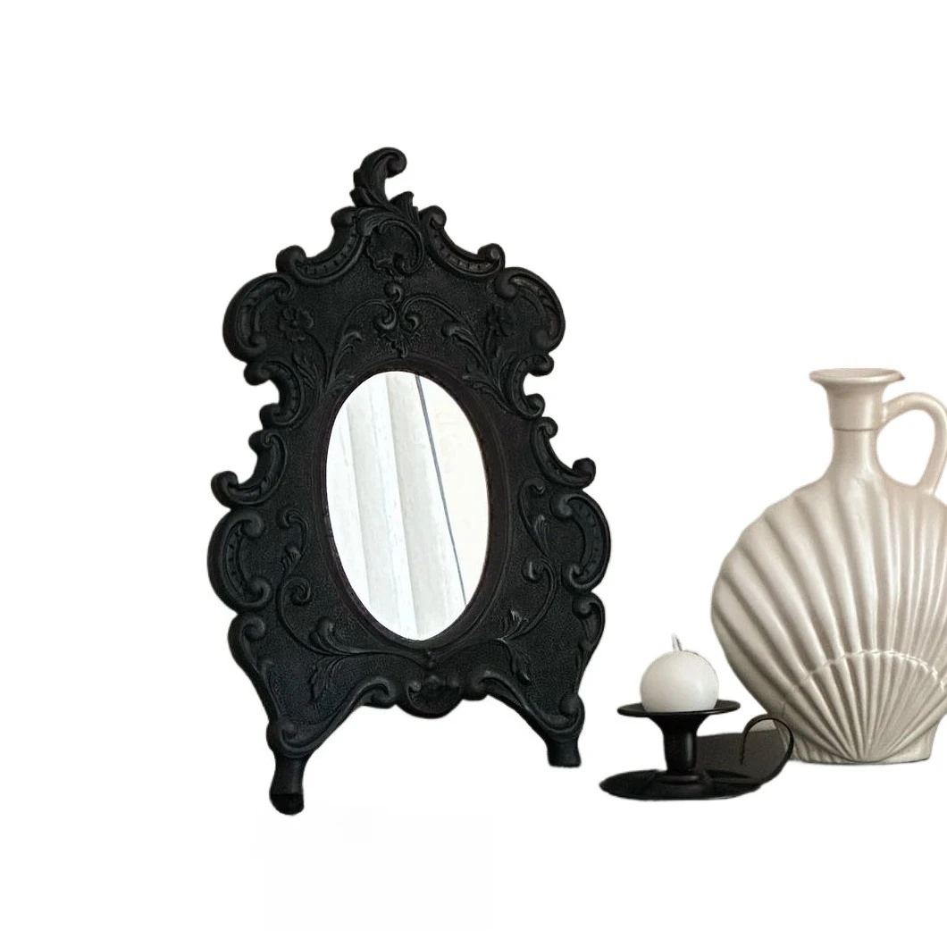 European Gothic, Vintage Black Handheld Candlestick Carved Mirror, Wall Hanging Shelf Atmosphere Bathroom Decor
