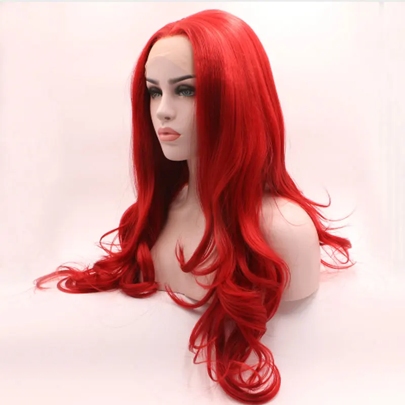 Bright Fire Red Natural Wave Hair Synthetic 13x4 Lace Front Wigs High Quality Heat Resistant Fiber Hair Middle Parting For Women