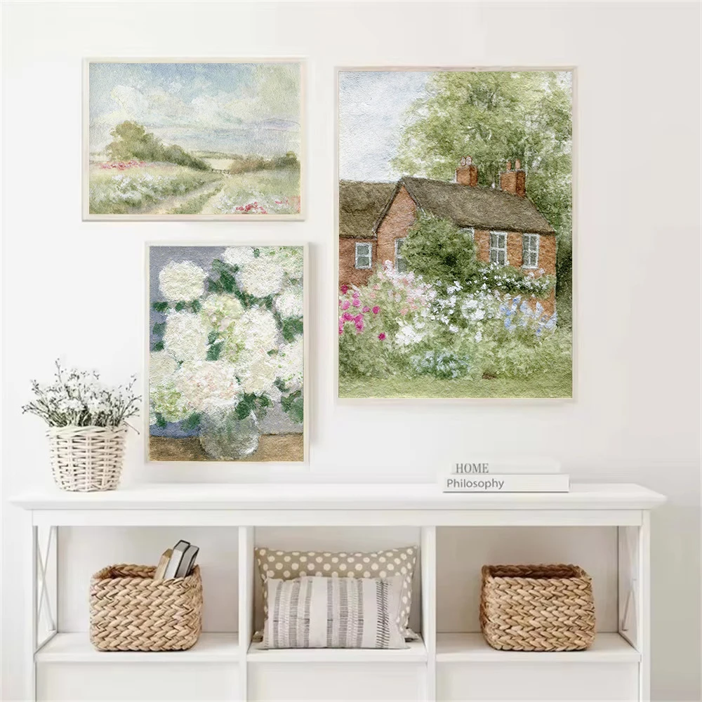 Vintage English Countryside Cottage Field Stone House Animal Goose Duck Poster Canvas Painting Wall Art Pictures Home Decor