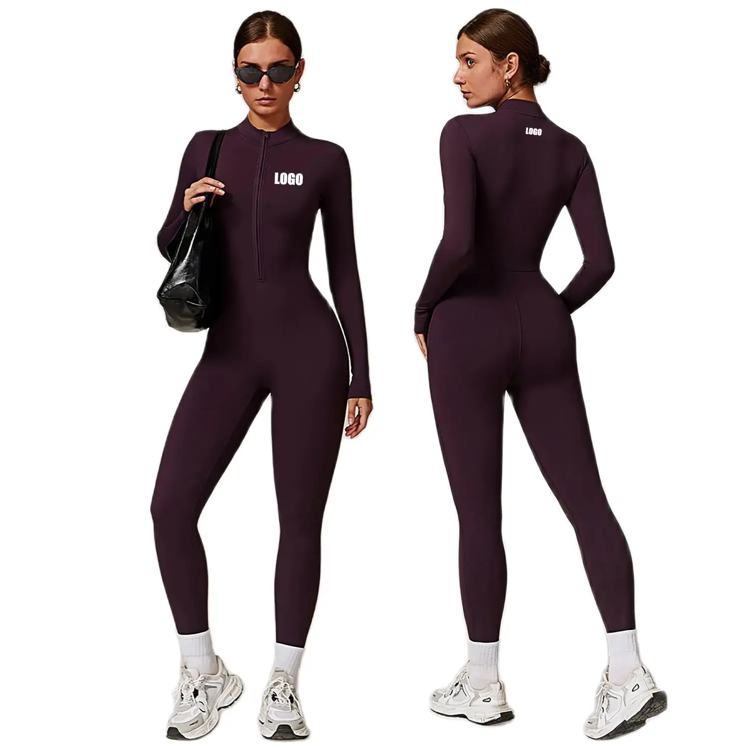 Custom LOGO Women\'s Naked Thin Velvet Tight Yoga Clothing Outdoor Sports Running Fitness Long Sleeve jumpsuit