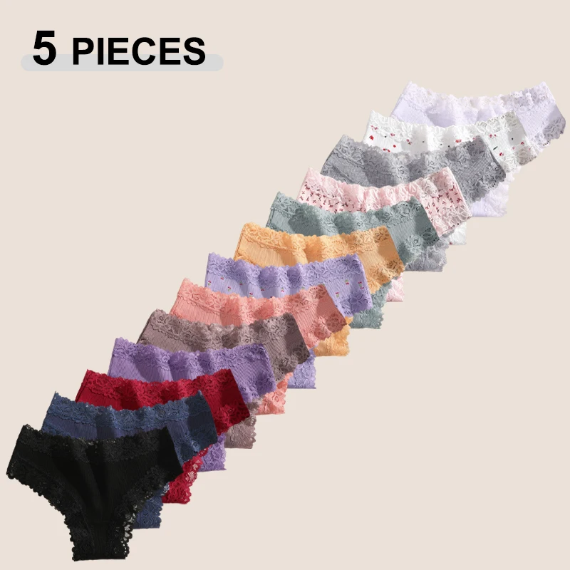 33090-8543db.jpg 5Pcs/Set Women's Cotton Lace Patchwork Bikini Panties Seamless Low Waist Quality Breathable Brazilian Panty Female Sexy Lingerie - Image 1