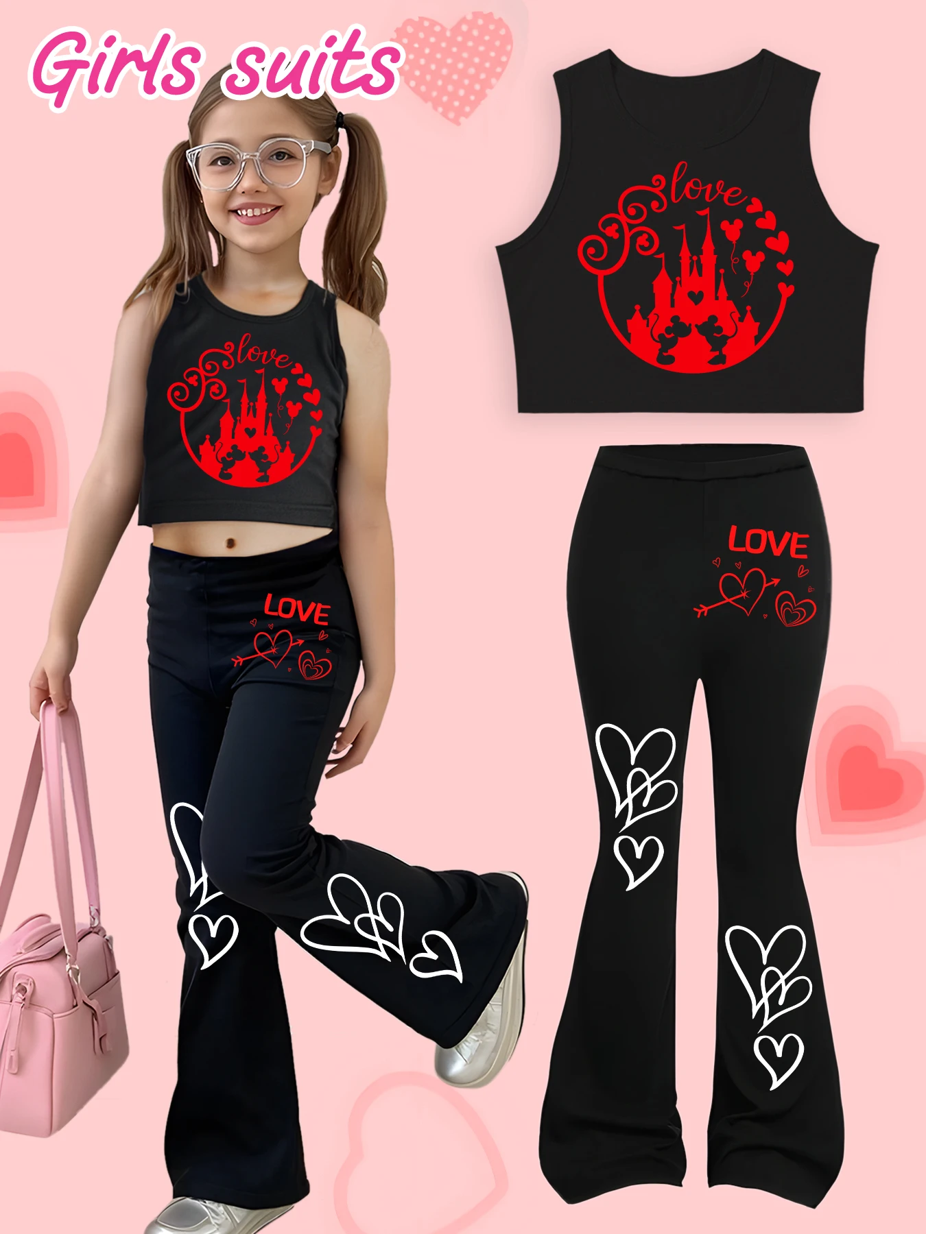 

2-piece set, Disney casual vest and stretch flared pants children's set, printed with cute Minnie pattern, trendy versatile pref