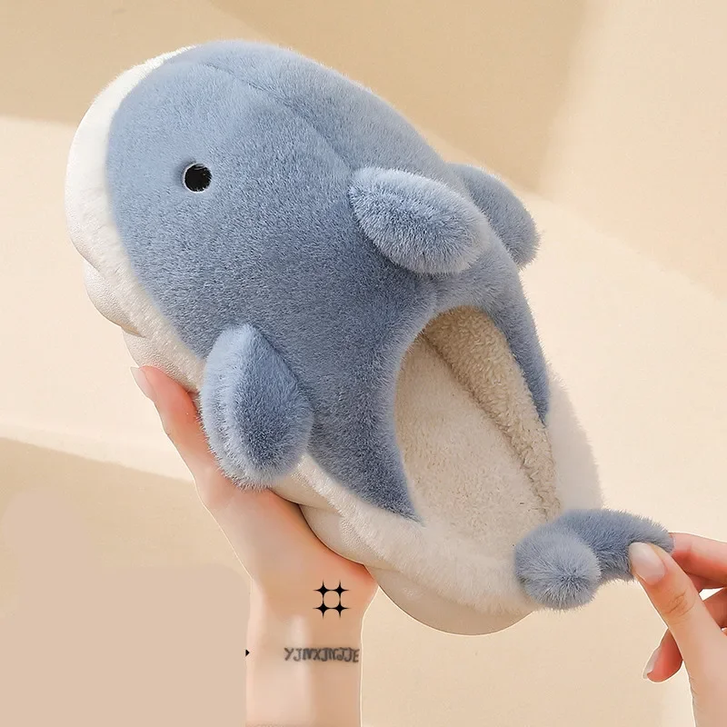 Funny Animal Shark Cotton Slippers Women\'s Thick Soles Home Slipper 2022 Winter New Warm Non Slip Lovely Plush Couple Slippers