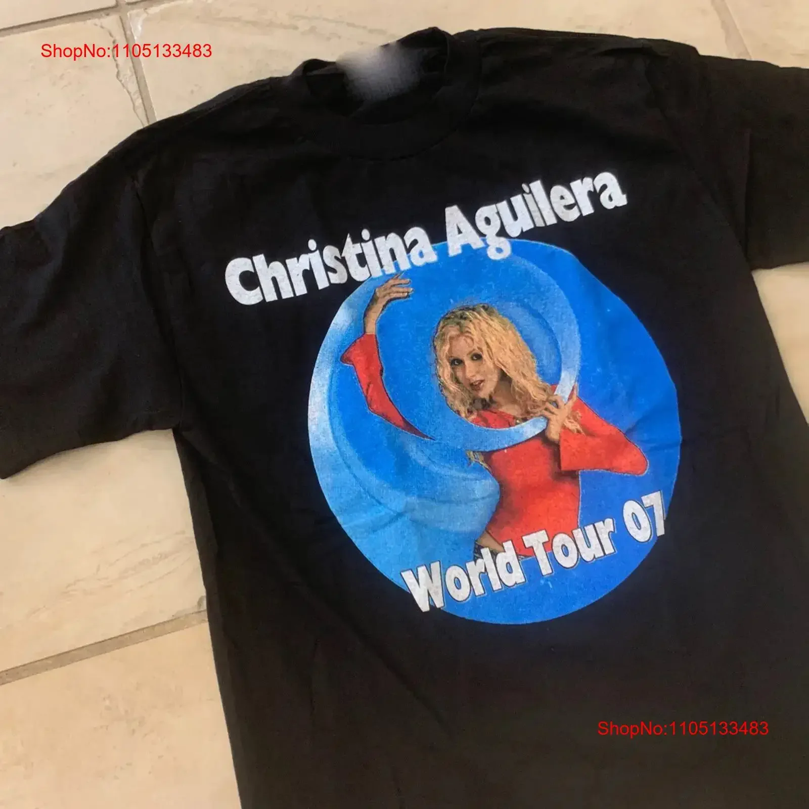 تي شيرت كلاسيكي كريستينا أغيليرا جولة حول العالم 07 قطن أسود S 234XL تي شيرت BL015 عتيق مغسول أنيق متعدد الاستخدامات موضة قليلاً