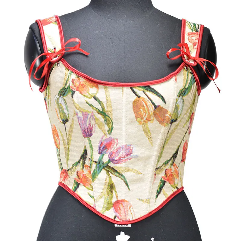 Chrysanthemum Women Pink Corset Tank Top Slimming Body Shaper Lace Up Tied Waist Trainer Girdle Teen Girl Victorian Bustier