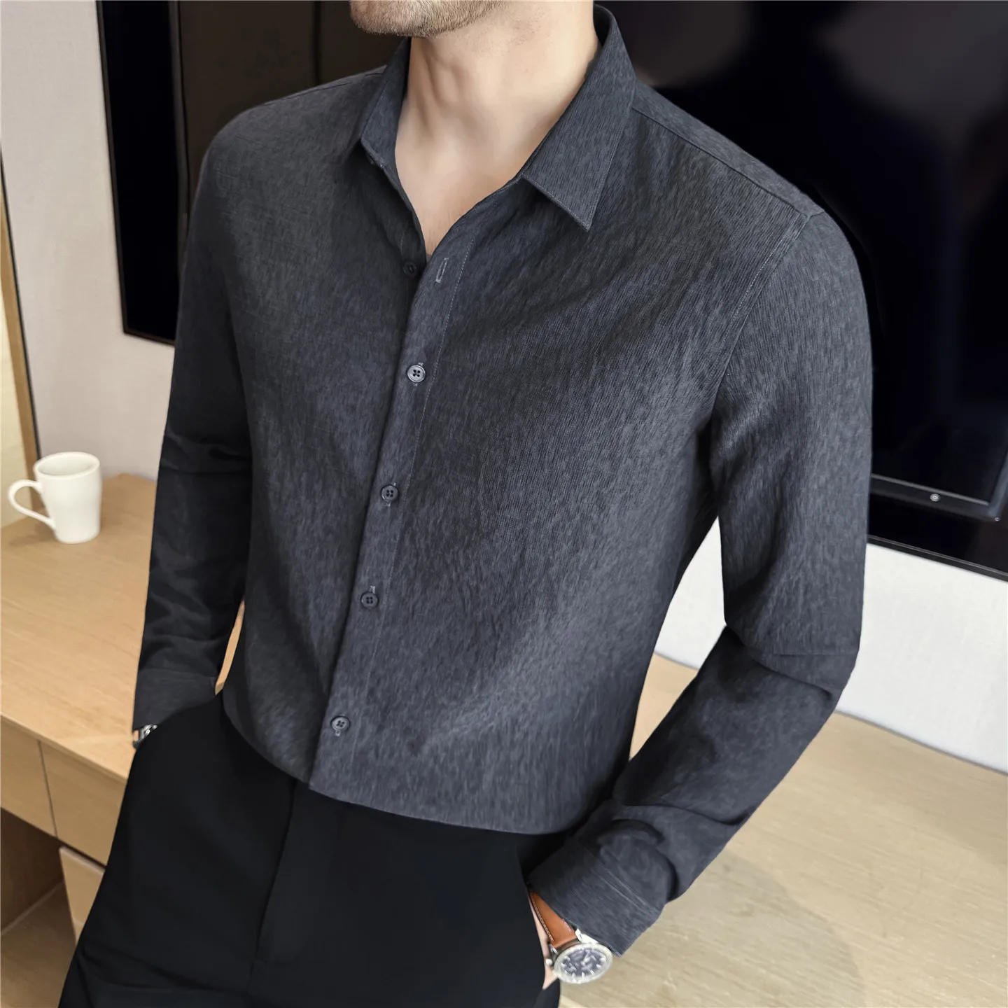 Autumn Winter Pleated Striped Shirt for Men Breathable Slim Long Sleeved Shirts Business Casual Dress Shirt Men Clothing 2025