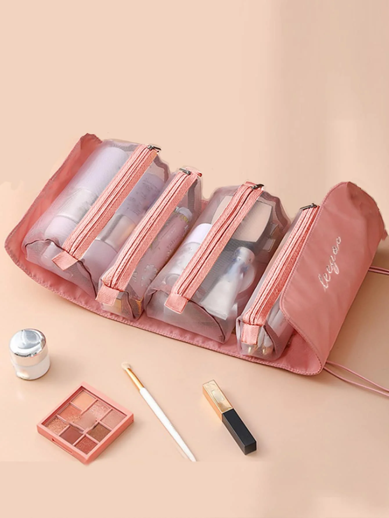 

1 Pc Brown Travel Cosmetic Bag Women Mesh Make Up Box Bags Beautician Toiletry Makeup Brushes Lipstick Storage Organizer Makeup Bag For Makeup For Bathroom For Travel For Camping For College Dorm For Outdoor For Hiking For Business For Home For Essential