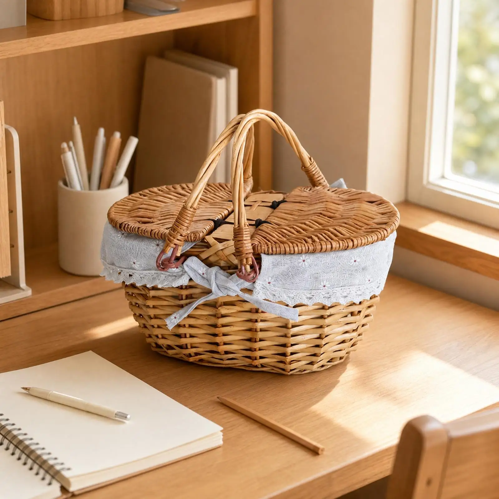 Oval Hand-Woven Wicker Basket Lightweight Wicker Basket with Hinged Lid Portable for Dining Area