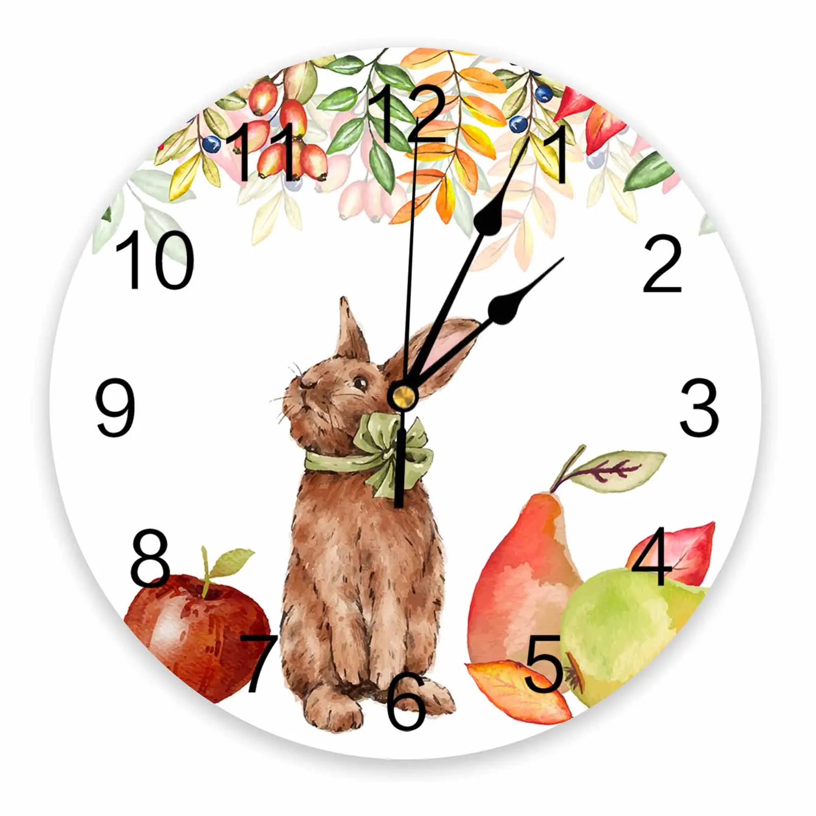 Autumn Plant Rabbit Pear Leaves Watercolor Printed Wall Clock Modern Silent Clock Living Room Home Decor Wall Hanging Watch