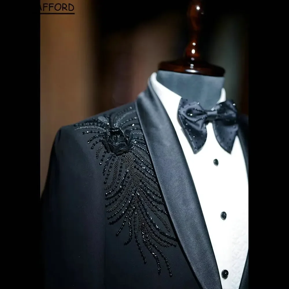 Dark Navy 3D Flowers Two Pieces Men Suits Pearls Beading Evening Party Blazer Groom Wear ( Jacket + Pants )