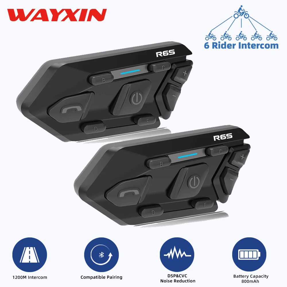 WAYXIN R6s Helmet Headset Motorcycle Intercom 6 Riders Helmet Hands Free Communication Interphon 1200m BT 5.0 MP3 GPS Waterproof