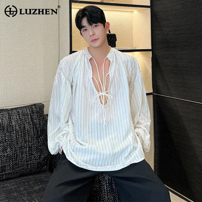 

LUZHEN 2024 Korean Pleat Strap Ins Design Shirt Men's Original Fashion Street Deep V-neck High Quality Long Sleeve Tops LZ5900