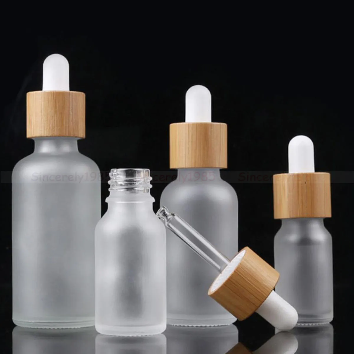 5X 10X Frosted Clear White Glass Dropper Bottles Bamboo Wood lids Drop Pipette Cap Refillable Matte essential Perfume oil Bottle