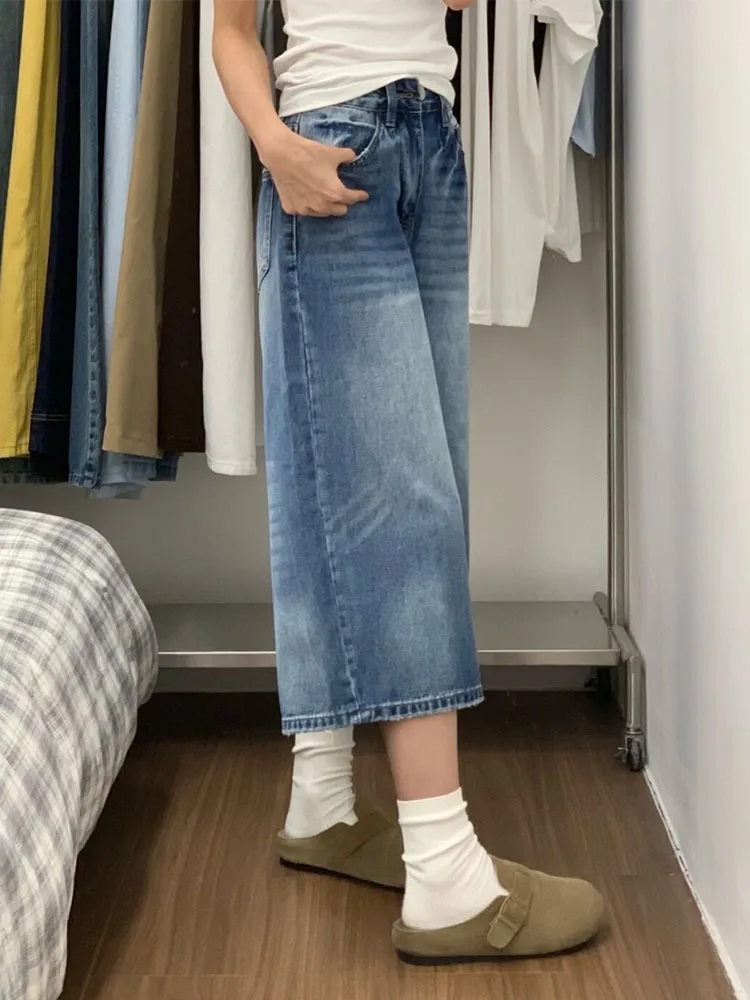 Cintura alta perna larga jeans feminino solto ajuste casual sle verão novas calças faion com kets cintura alta comprimento de sete pés