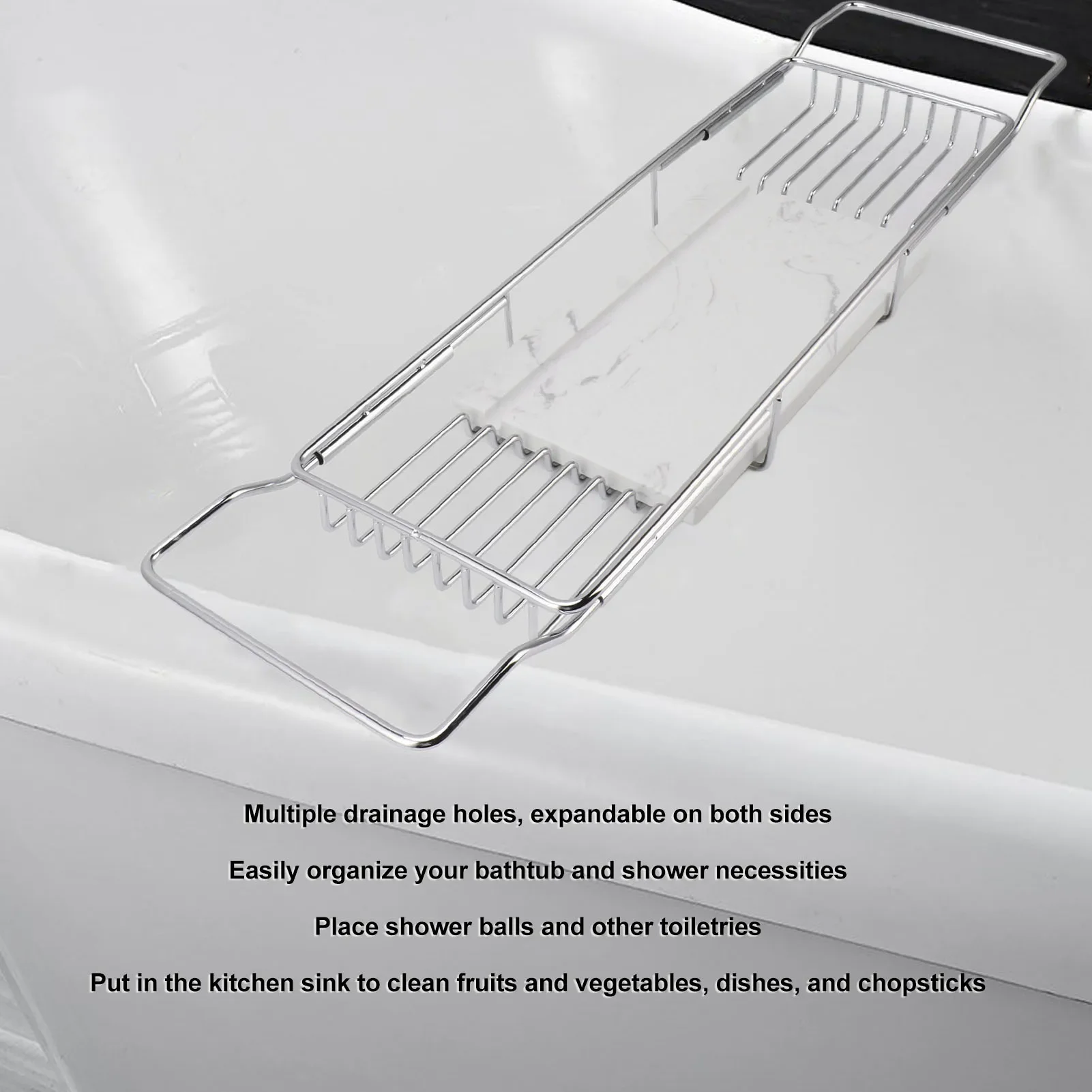 Metal Marble Bathtub Rack Anti Slip Space Saving Multi Functional Expandable Bathtub Tray House Warming Gift Silver White